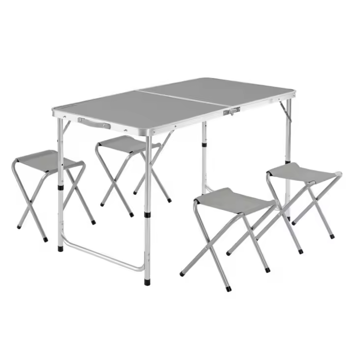 LILI HOME Conjunto de Mesa + 4 Taburetes de Camping Plegables – Aluminio Altura Ajustable 🔹 Dimensiones abiertas: 120 cm (largo) x 60 cm (ancho)  🔹 Altura regulable en 3 posiciones: ▪️ 55 cm ▪️ 62 cm ▪️ 70 cm. ✨ Práctica, ligera y resisten - 1