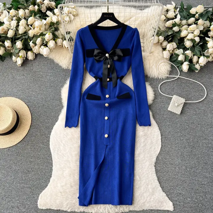 YuooMuoo Vestido Elegante Bodycon Para Mujer Con Cuello V Y Lazo Manga Larga Split Frontal Estilo Oficina Lady Chic Para Fiesta Y Trabajo - 1