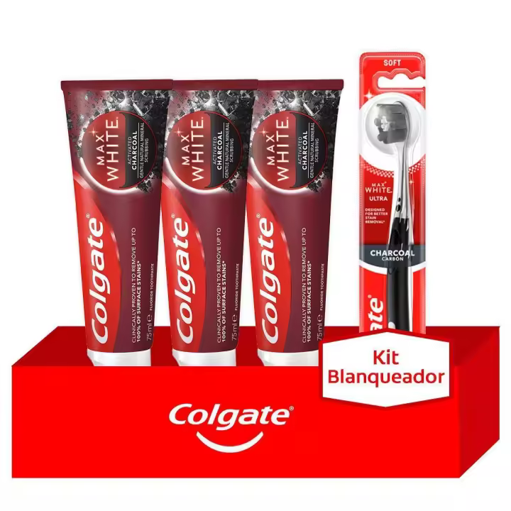 Colgate Pack de Blanqueamiento: pasta de dientes Max White Carbón 3x75ml + cepillo de dientes Max White Ultra - 1