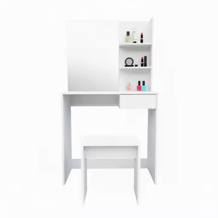 Tocador Blanco con Espejo, Cajón y Estantes Laterales | Incluye Taburete | Diseño Moderno Minimalista | Medidas 75x40x137 cm | Ideal para Dormitorio - 1