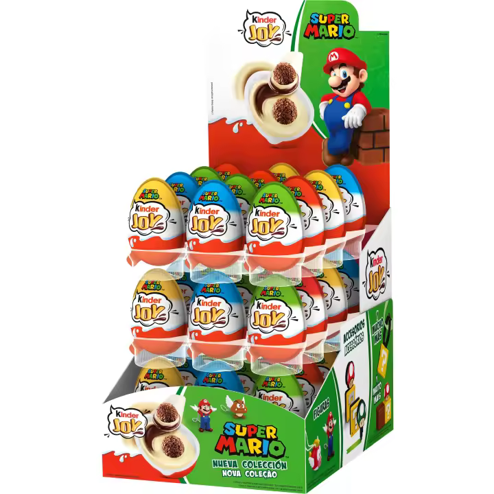 Kinder Joy Mario Bros - Bandeja con 36 huevos con crema de leche y cacao y 2 bolitas de chocolate - Contiene un juguete en el interior - 1