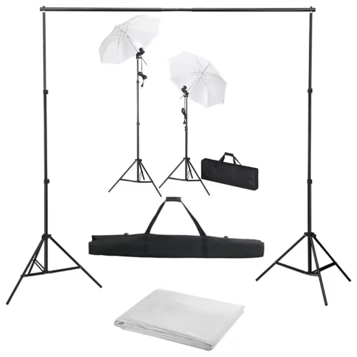 vidaXL Kit estudio fotográfico con telón de fondo, lámparas y paraguas - 1