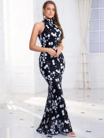 Vestido Largo De Noche Con Floral Y Lentejuelas Cuello Alto Sin Mangas Elegante Ajustado Para Fiesta Boda Maxi Gown - details 7