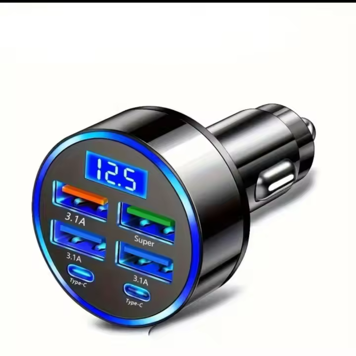 Cargador USB de 6 puertos para coche, adaptador de corriente con pantalla Digital LED, carga rápida QC3.0, Compatible con teléfonos inteligentes iPhone, IOS y Android, 66W - 1