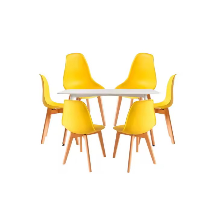 Conjunto Mesa Tower Rectangular 120 x 80 cm Blanca y Pack 6 Sillas Kelen - Amarillo - 1