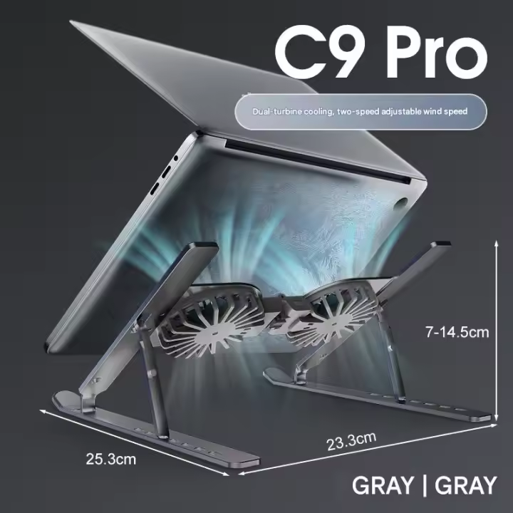 Soporte ajustable para computadora portátil con ventilador friador, soporte para computadora con agujeros más fríos, plegable, Plata - 1