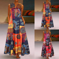 Ethnic Print V Neck Dress Vintage Sleeveless Summer Maxi Dress with Pockets Women Clothing - details 0