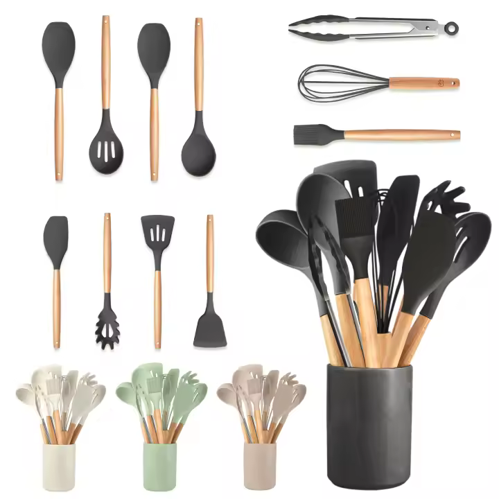 RELAXTY 12 Piezas Juego de Utensilios de Cocina de Silicona con Mangos de Madera - Accesorios de Cocina - 1