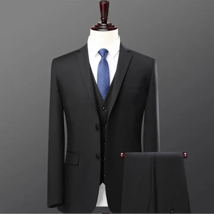 Traje De Negocios Slim-fit Para Hombre Con Chaleco De Solapa Sencilla Y Dos Botones Color Sólido Conjunto De 3 Piezas Moda Casual - 1