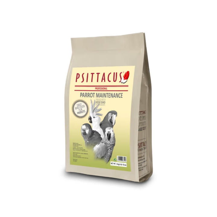 PSITTACUS - Parrot Maintenance, complete bird food for medium and large parrots, available in 3 kg and 15 kg sizes, enriched with vitamins A, D3, E, C, and B for balanced nutrition and optimal digestion with natural ingredients.