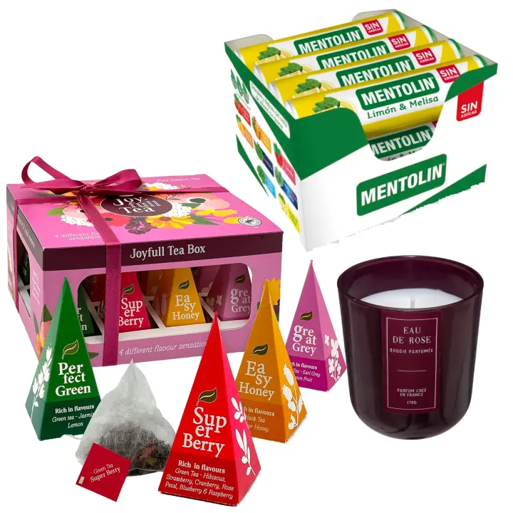 Pack Balsámico: MENTOLIN LIMON MEL S/A TUBO 12X20G + Vela perfumada en vidrio rosa de silicona 170 g + Caja de Té Joyfull con variedad de sabores - 1