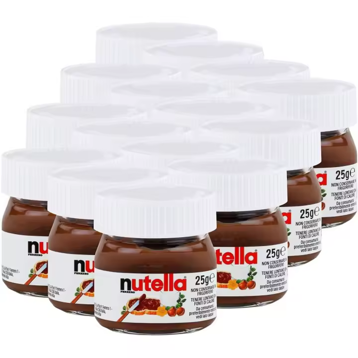 FERRERO Nutella Botes de Nutella en miniatura de cristal, Set de 15 ó 64 unidades de 25g, crema de avellanas y chocolate para untar - PACK DE 15 UNIDADES Ó de 64 UNIDADES - 1
