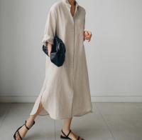 Vestido De Mujer REALEFT 2024 Algodón Lino Primavera Verano Con Bolsillo Cierre Simple Split Lateral Estilo Casual Longitud Media Pierna - details 9