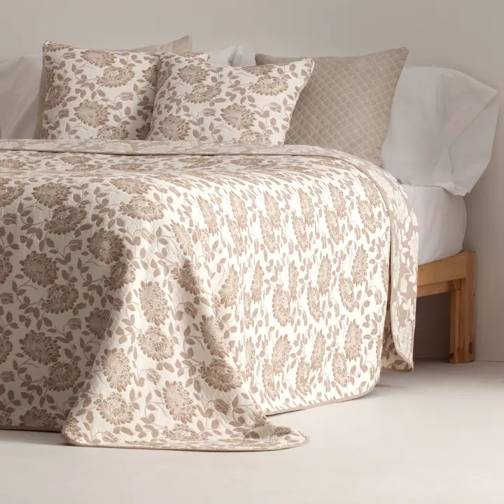 GAMUSI - Colcha jacquard ligera algodón entretiempo primavera verano diseño floral tono beige MOMBASA - 1