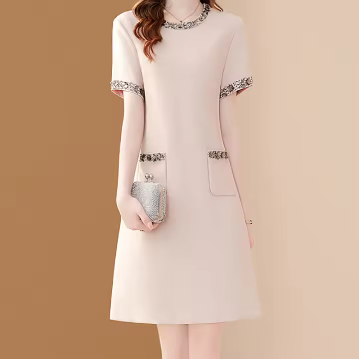 Vestido A-Line Elegante Para Mujer EVNISI Con Bordado En Cuello O Y Mangas Cortas Slim Office Lady Casual Para Oficina Y Fiestas - 1