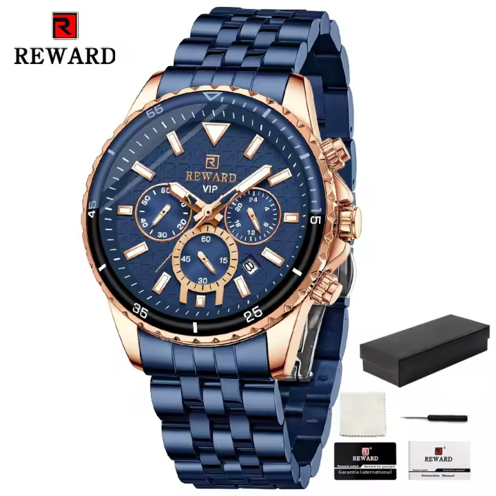Reloj De Cuarzo Para Hombre REWARD En Acero Inoxidable Dorado Deportivo Resistente Al Agua Con Cronógrafo Y Calendario Completo - 1