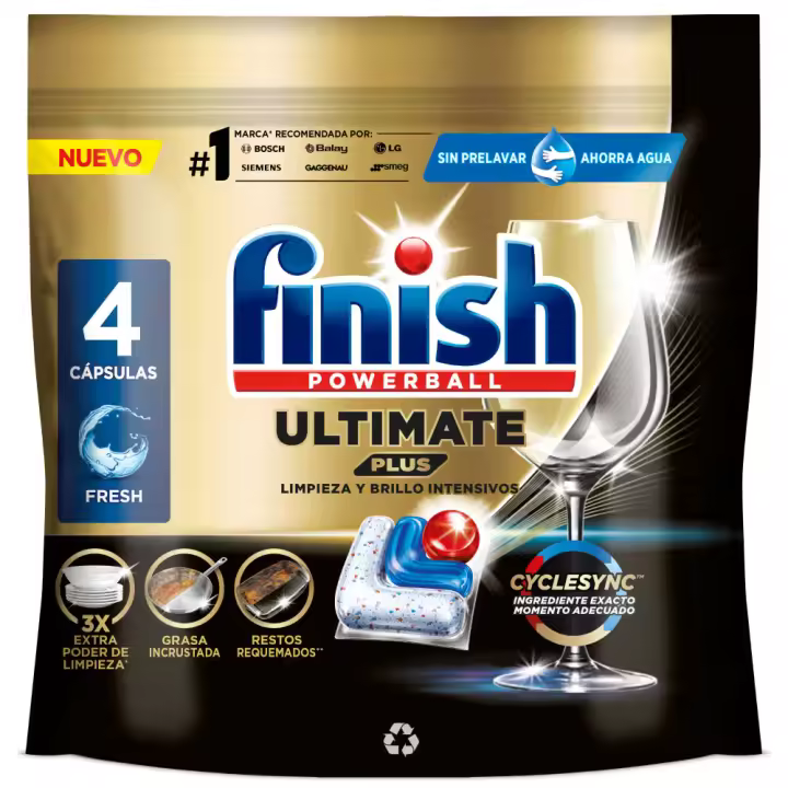 Finish Powerball Ultimate Plus 4 Pastillas para Lavavajillas, Limpieza y Brillo Intensivos, Brillo de Diamante, Cuida y Protege - 1