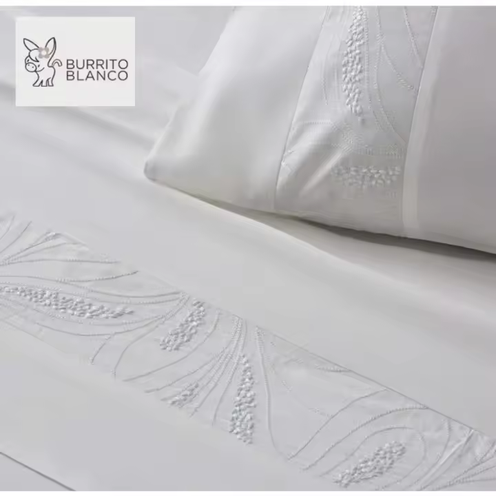 Burrito Blanco Juego de Sábanas Bordadas Algodón Percal 200 HILOS Modelo 401 BLANCO de 150 cm - 1