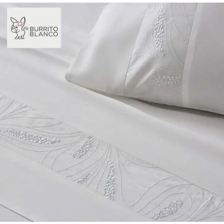 Burrito Blanco Juego de Sábanas Bordadas Algodón Percal 200 HILOS Modelo 401 BLANCO de 150 cm - 1