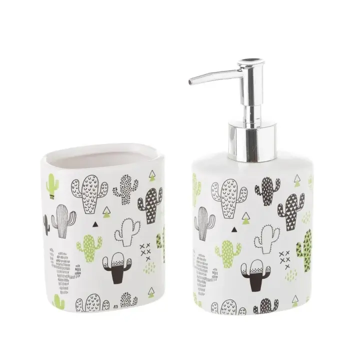 Set Dosificador Baño Avalon Cerámica Blanca Dibujos Cactus Negro y Verdes (8x6x16cm) - 1