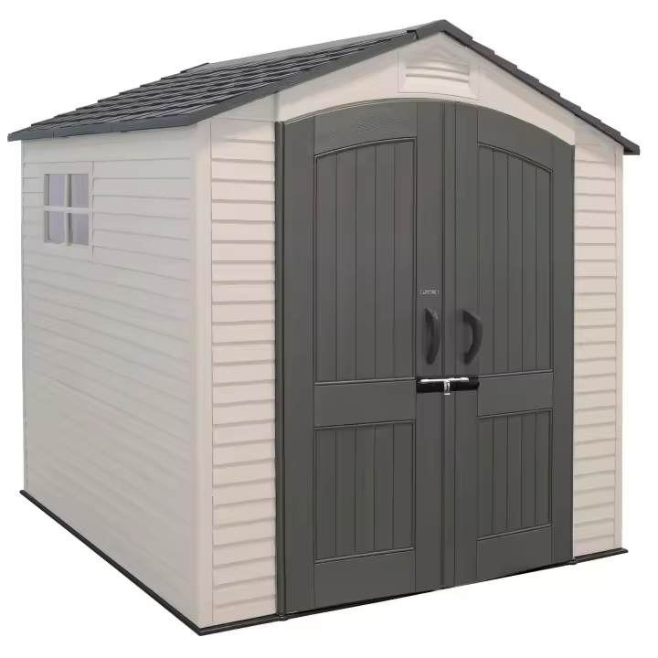 Lifetime - Caseta de jardín 4,4 m², suelo antideslizante, fabricada de polietileno HDPE, 2 ventanas, estantes incluidos, tejado inclinado, doble puerta con cerradura (candado no incluido), ideal para herramientas y almacenaje exterior - 1