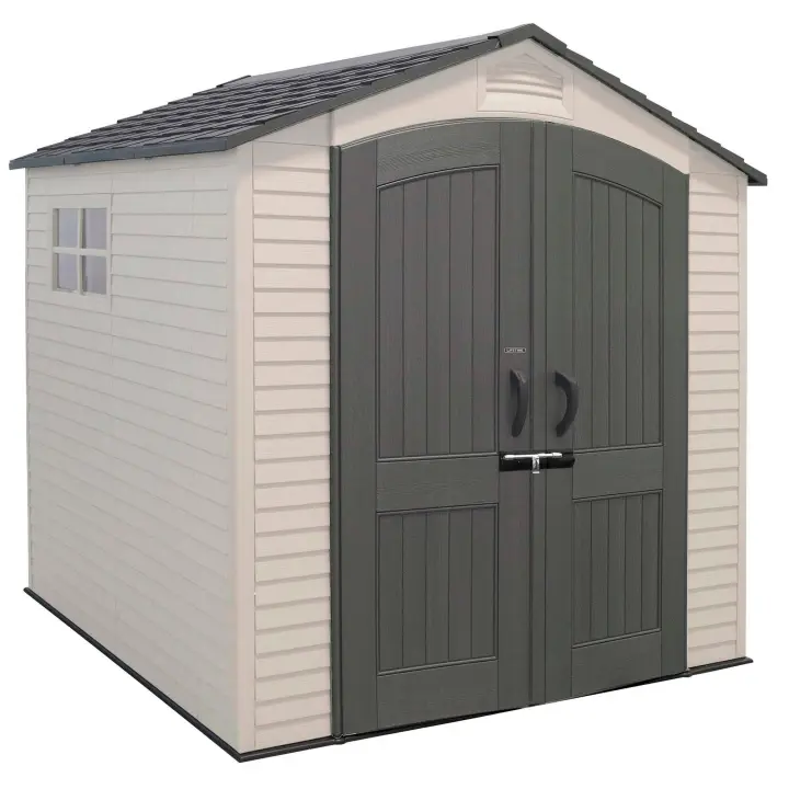 Lifetime - Caseta de jardín 4,4 m², suelo antideslizante, fabricada de polietileno HDPE, 2 ventanas, estantes incluidos, tejado inclinado, doble puerta con cerradura (candado no incluido), ideal para herramientas y almacenaje exterior - 1