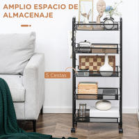 HOMCOM Carrito Auxiliar con Ruedas Carrito de Cocina de 5 Niveles con Cestas de Malla Extraíbles y Marco de Acero para Salón Baño Comedor Oficina 45x26,5x106 cm Negro - details 0