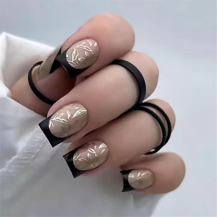 Uñas francesas negras con prensa, uñas postizas cuadradas, uñas postizas acrílicas con diseños, uñas artificiales brillantes con hojas doradas, 24 piezas - 1