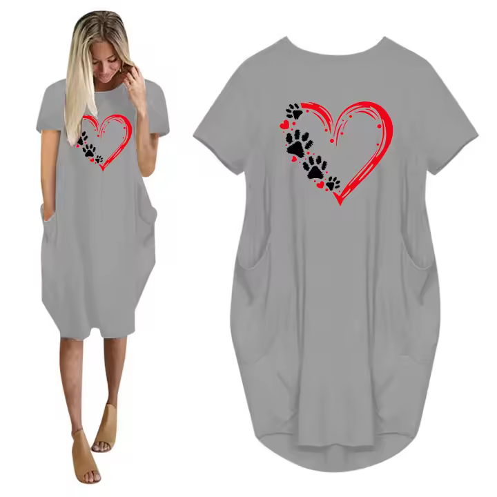 Vestido De Verano Para Mujer Con Estampado De Mano De Gato Talla Grande Manga Larga Suéter Casual De Cuello Redondo Longitud De Rodilla - 1