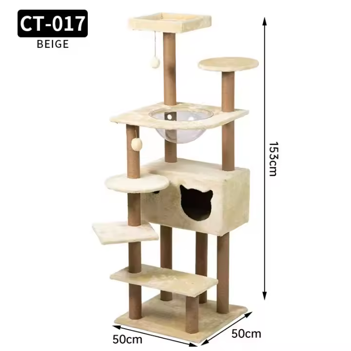 Árbol Rascador para Gatos, 153 cm de Altura, Color Beige, con Casa y Plataformas, 50x50 cm Base - 1