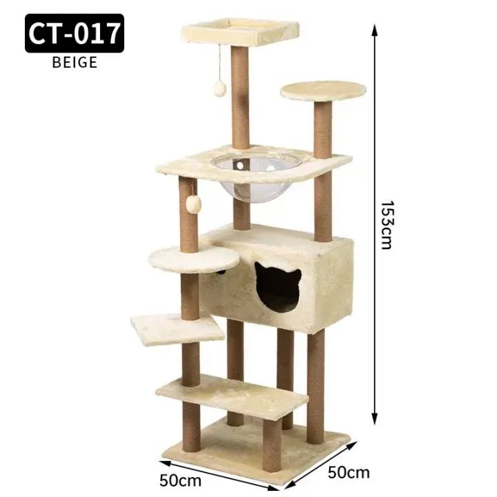 Árbol Rascador para Gatos, 153 cm de Altura, Color Beige, con Casa y Plataformas, 50x50 cm Base - 1
