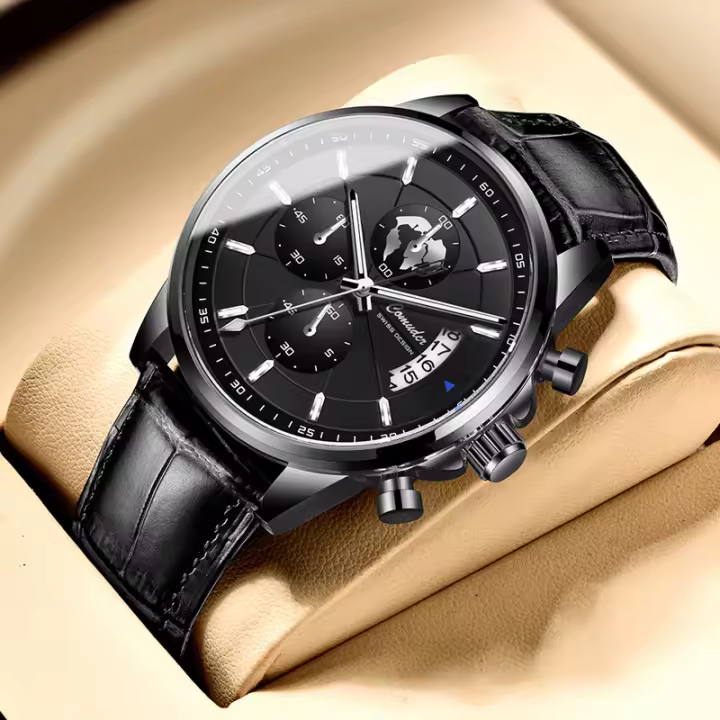 Reloj De Pulsera Para Hombre Automático Resistente Al Agua Con Luminiscencia Y Calendaría Reloj De Cuarzo Moda Casual Con Correa De Cuero Display Analógico-Digital - 1