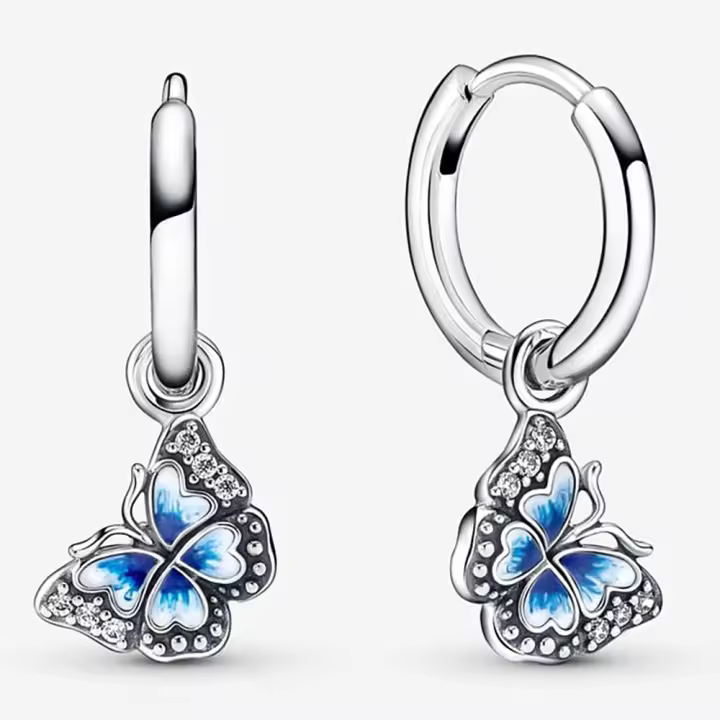 Pandora Pendientes de Aro en Plata de Ley Mariposa Azul Abrazo  290778C01，Incluye Caja Original - 1