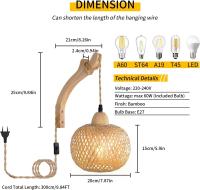 Lámpara de pared interior con enchufe E interruptor, lámpara de Bambú retro E27,lámpara de noche de Ratón (sin bombilla) - details 2