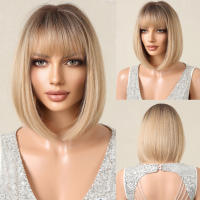Pelucas Sintéticas Ombre Marrón Claro Para Mujeres Cortas Rectas Bob Con Bangs Peluca Química Resistente Para Cosplay Y Uso Diario Textura Natural Capa Promedio Densidad 130% - details 12