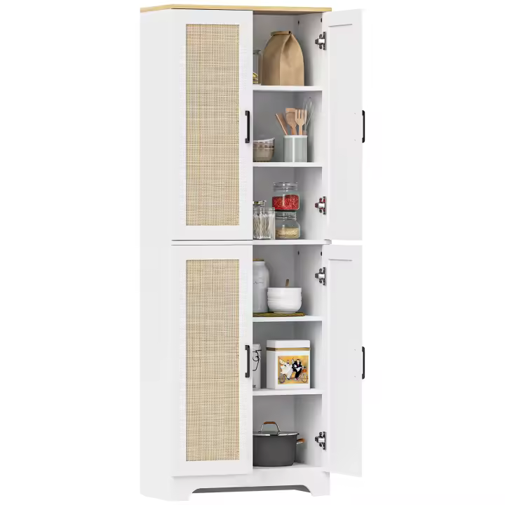 HOMCOM Alacena de Cocina Aparador de Cocina Mueble Auxiliar de Cocina con Estantes Ajustables Puertas de Ratán y Sistema Anti-vuelco 60x30x170 cm Blanco - 1