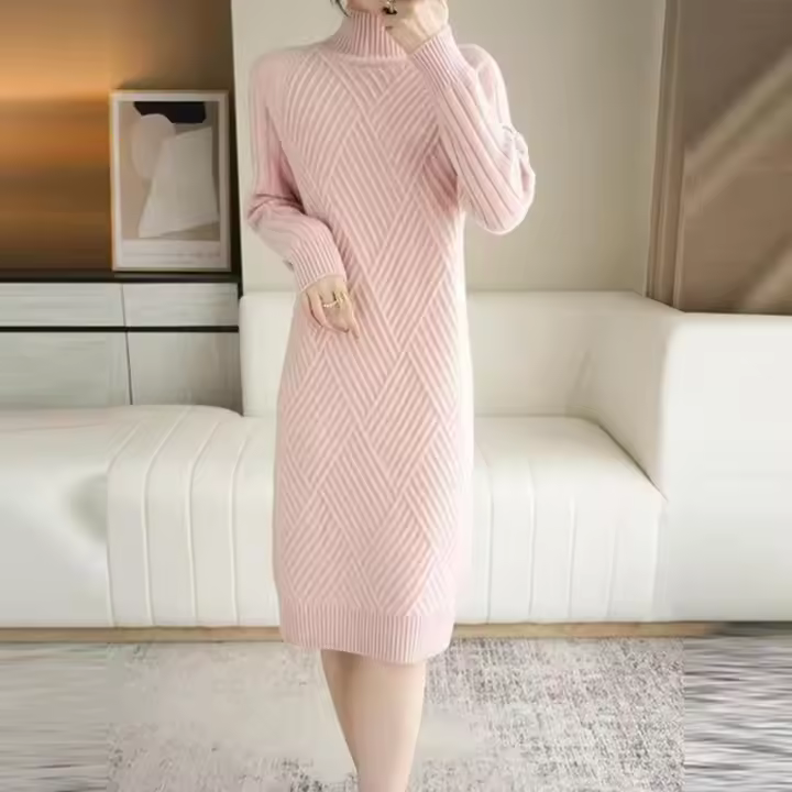 Abrini Suéter De Lana Mujer Otoño Invierno Vestido Elegante Lady Office Mock Neck Ribbed Solido A-Line Pullover De Cuello Alto - 1