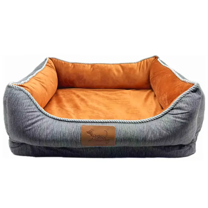 Cama para perros y gatos con base rellena de Fibra Hueca y Espuma Acolchonada para mascotas, diseño interior terciopelo naranja. - 1