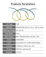 Tira De Luz COB Flexible 5M 12V 24V DC 2 Wire CCT 600 LEDs/m Alta Densidad Dual Blanco FCOB Tape Lamp 5mm PCB Luz Lineal - details 5