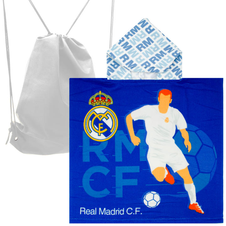 Real Madrid Poncho con Capucha 100% Poliester 60 x 120 cm + Mochila Blanca para Niños Toalla de Playa, Piscina, Toalla de Baño Niña Niño Color Azul Regalo para Peques, Jóvenes