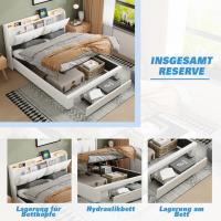 Cama con arcón abatible 140x200/160x200 cm, tapizada en terciopelo blanco capitoné, con LED, USB Type-C y somier de lamas - details 3