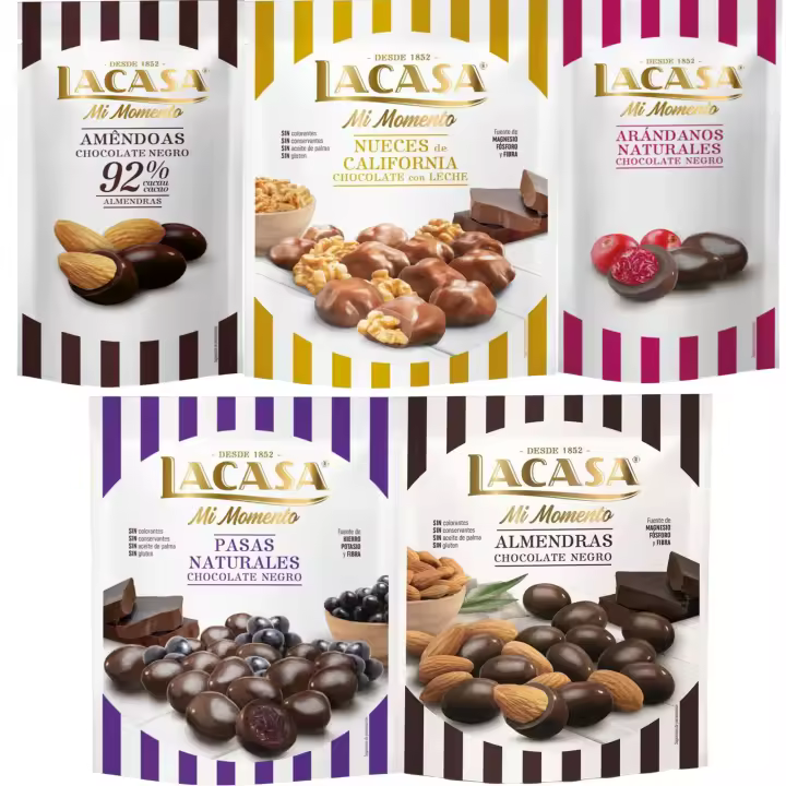 Lacasa Mi Momento pack de 5:Arándano Chocolate Negro ,Almendra 92% ,Nueces Chocolate Leche ,Pasas Chocolate Negro ,Almendra Chocolate Negro - 1
