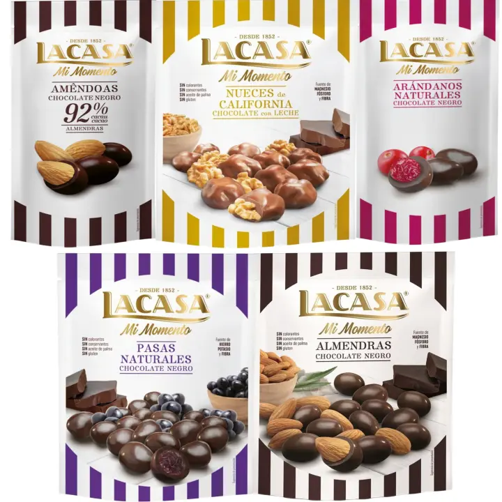 Lacasa Mi Momento pack de 5:Arándano Chocolate Negro ,Almendra 92% ,Nueces Chocolate Leche ,Pasas Chocolate Negro ,Almendra Chocolate Negro - 1