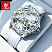 Reloj unisex automático OLEVS transparente de lujo, mecánico sin batería, elegante diseño visible, correa blanca de piel, estilo moderno para hombre y mujer, reloj de vestir clásico con maquinaria expuesta - details 0