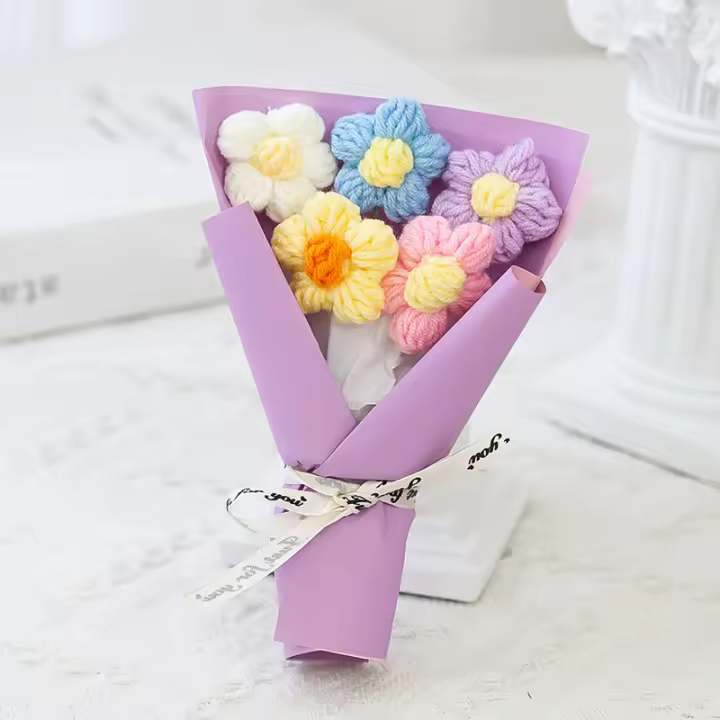Mini Bouquet De Flores Tejidas Creativo Decoración Floral De Lana Decoración De Hogar Para Aniversario Cumpleaños Graduación - 1