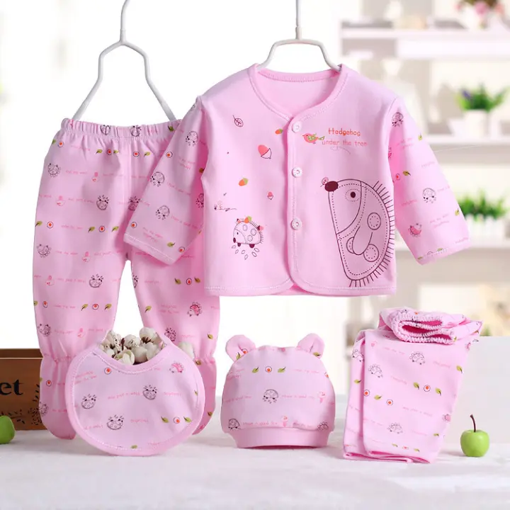 Conjunto De Bebé Recién Nasido 5 Piezas Camiseta 2 Pantalones Gorro Y Bata De Algagón Puro Transpirable Ropa De Bebé Niño Y Niña Estilo Casual Cuatro Estaciones - 1