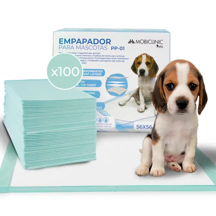Mobiclinic® Pets Pack 100 Empapadores Desechables Perros y gatos XL 56x56 cm 6 Capas Ultraabsorbente Marca Española Alfombrilla higiénica Cachorros Adiestramiento para Mascotas Gatos - 1
