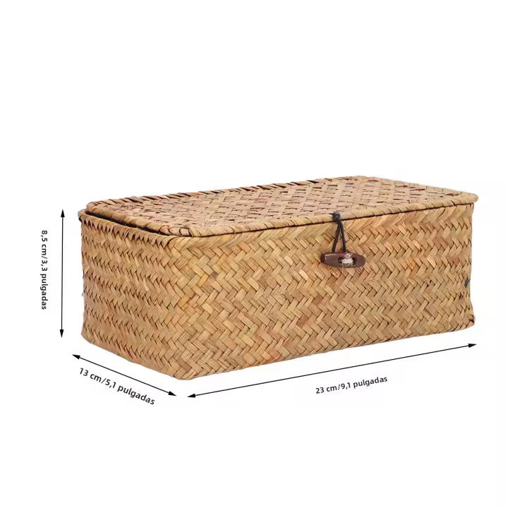 Cesta De Almacenamiento Natural De Hierba De Mar Rectangular Tejida Con Tapas Organizador De Escritorio Caja De Almacenamiento - 1