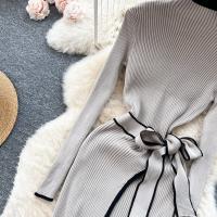 Vestido Bodycon Largo Elegante Con Ribbed Contrastado Tejido Muy Estirable Para Mujer Otoño Invierno Con Cinturón Y Bandage Streetwear Vestido De Mujer - details 9