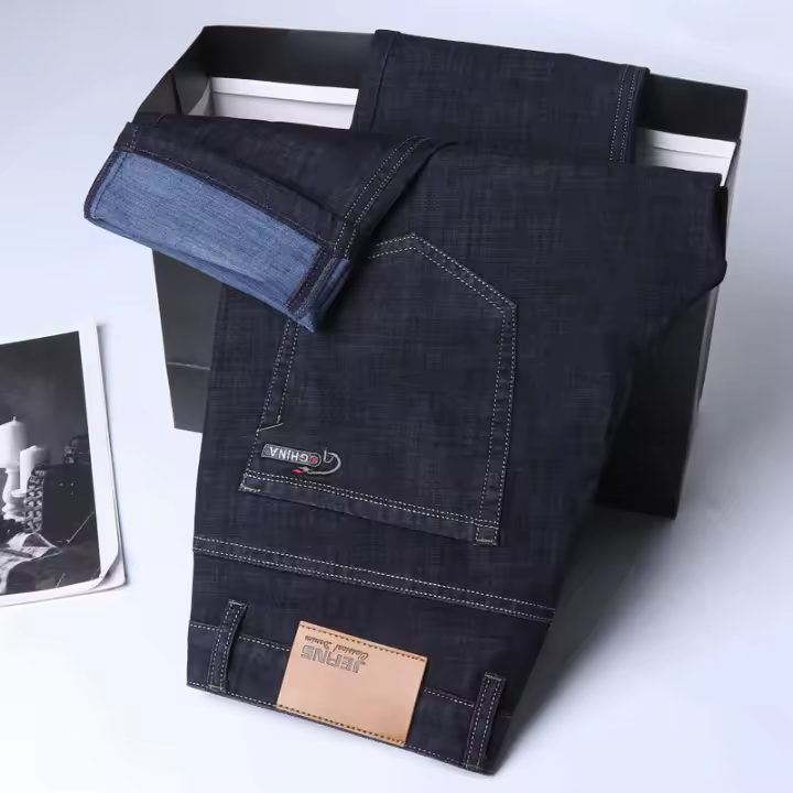 Nuevos Jeans De Seda Y Algodón Para Hombres Azul Recto Con Estiramiento Pantalones De Negocios Casuales Ligeros Para Primavera Y Verano - 1